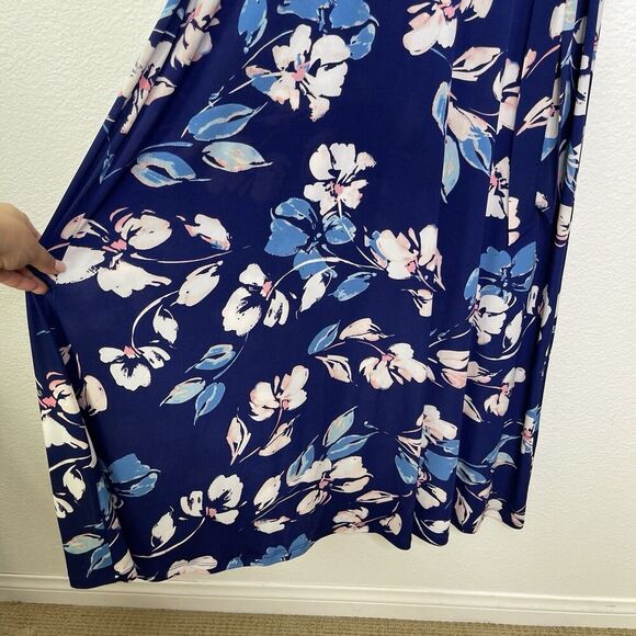 Eliza J Maxi Dress Sz 6 Faux Wrap Long Jersey Stretch Blue Floral Short Sleeve - Picture 11 of 15